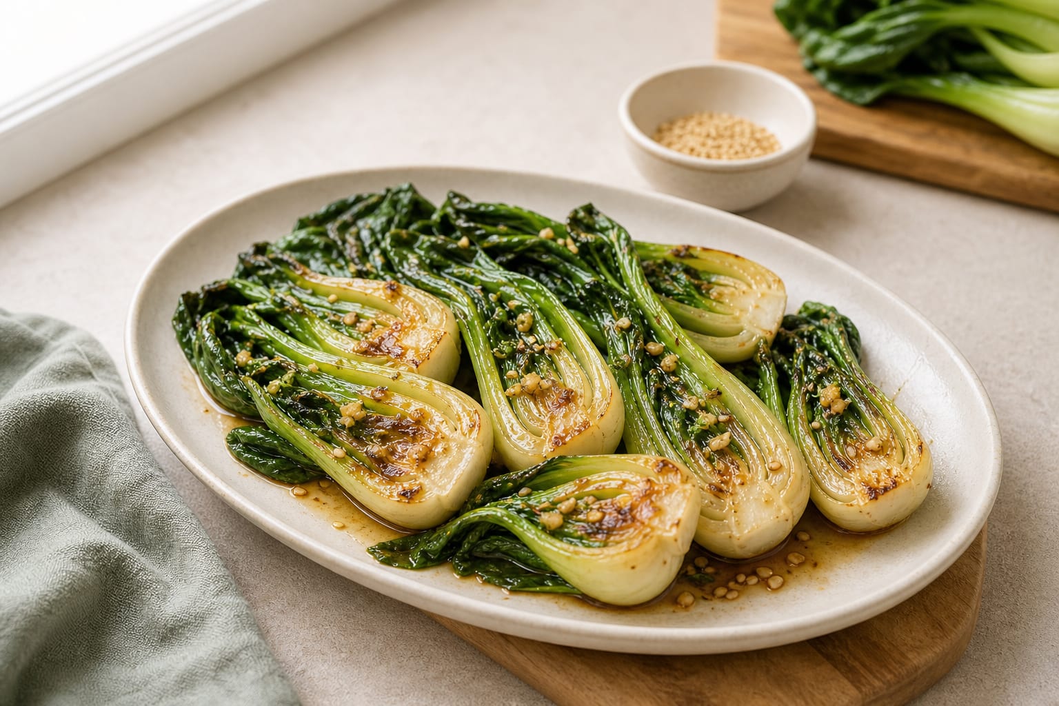Seared halved bok choy on a cream platter, browned cut sides up, scattered with toasted sesame seeds