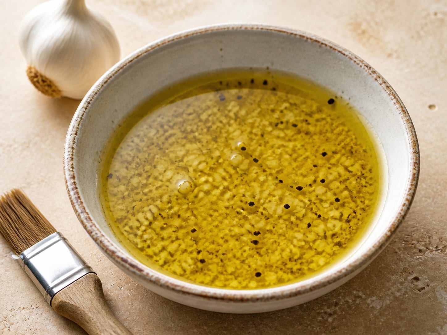 Frisch geriebener Knoblauch in goldenem Olivenöl in einer kleinen Schüssel