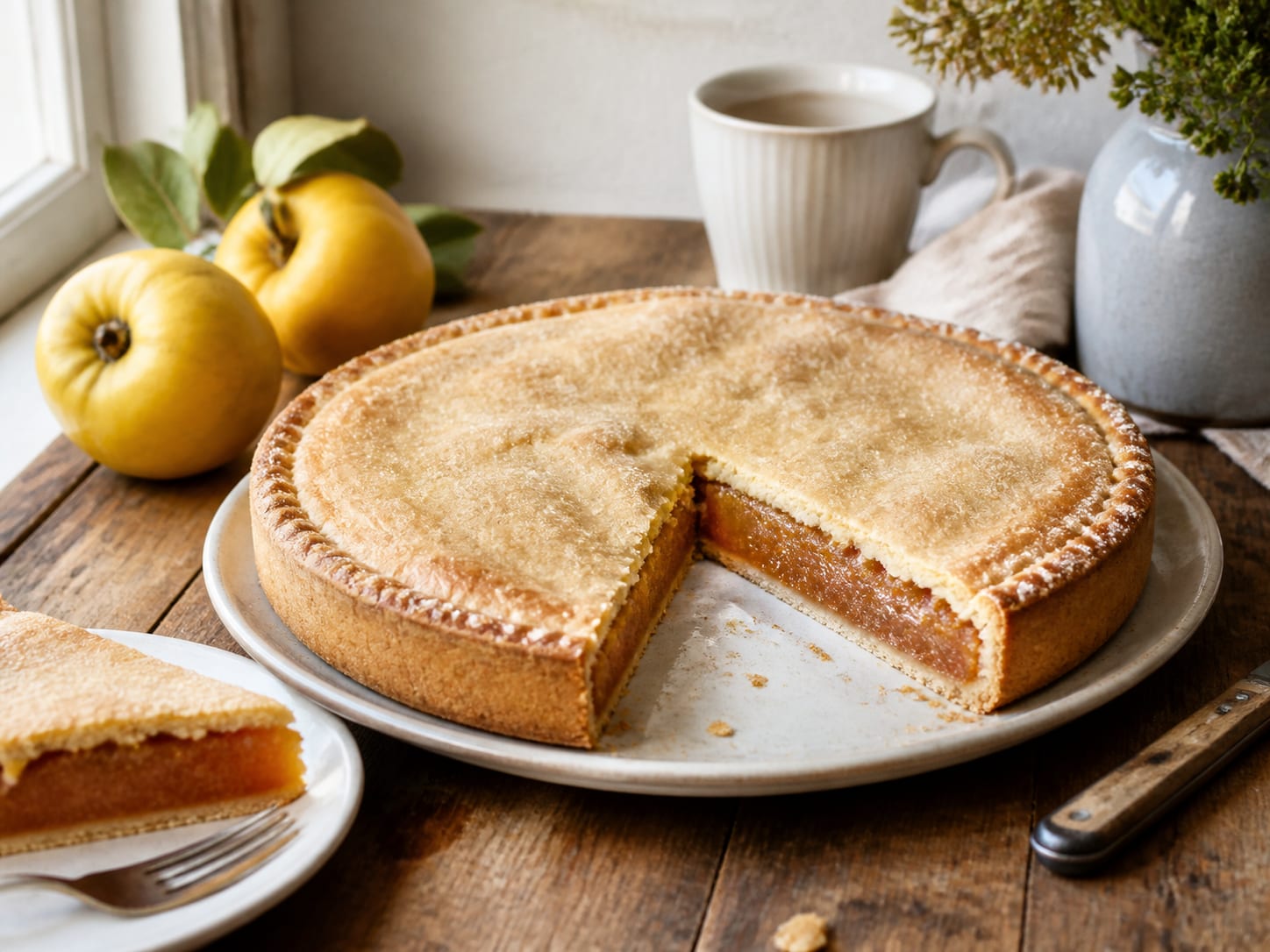 Gedeckter Quittenkuchen, plated for serving