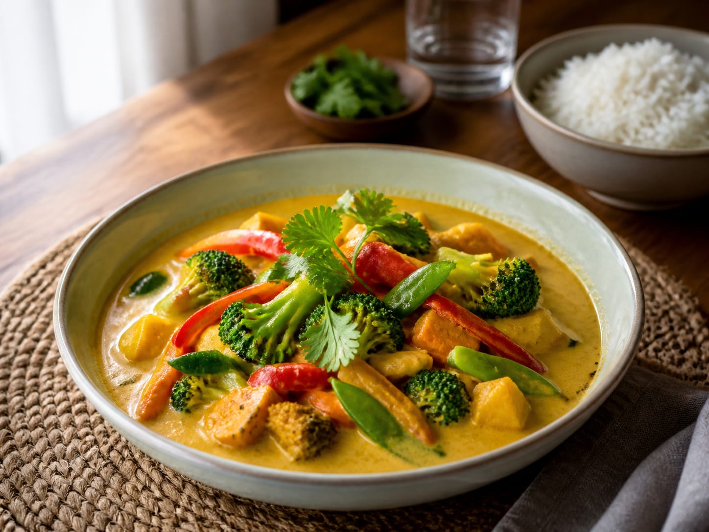Gemüse-Curry mit Kokosmilch, zum Servieren angerichtet
