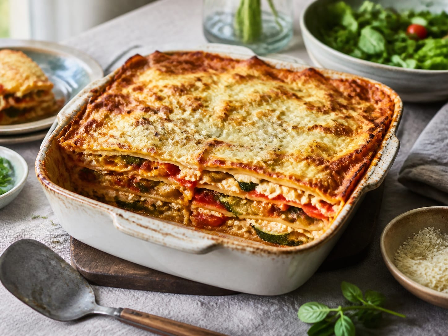 Gemüse-Lasagne, zum Servieren angerichtet