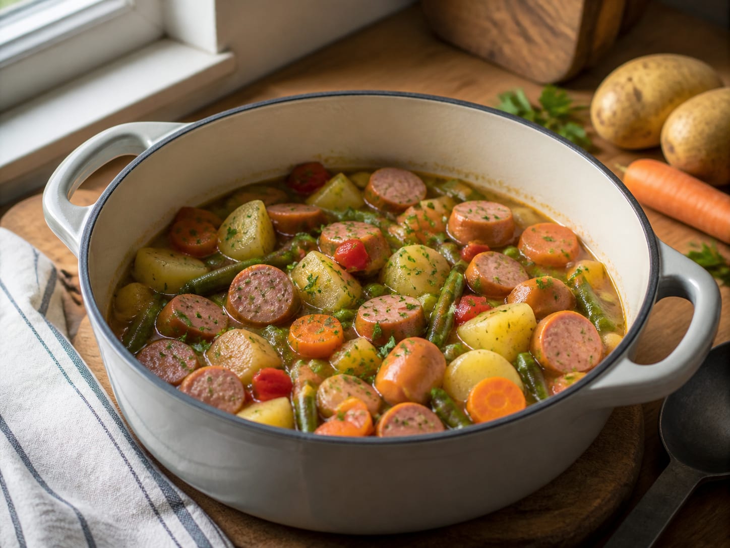 Gemüseeintopf mit Kartoffeln und Würstchen, plated for serving