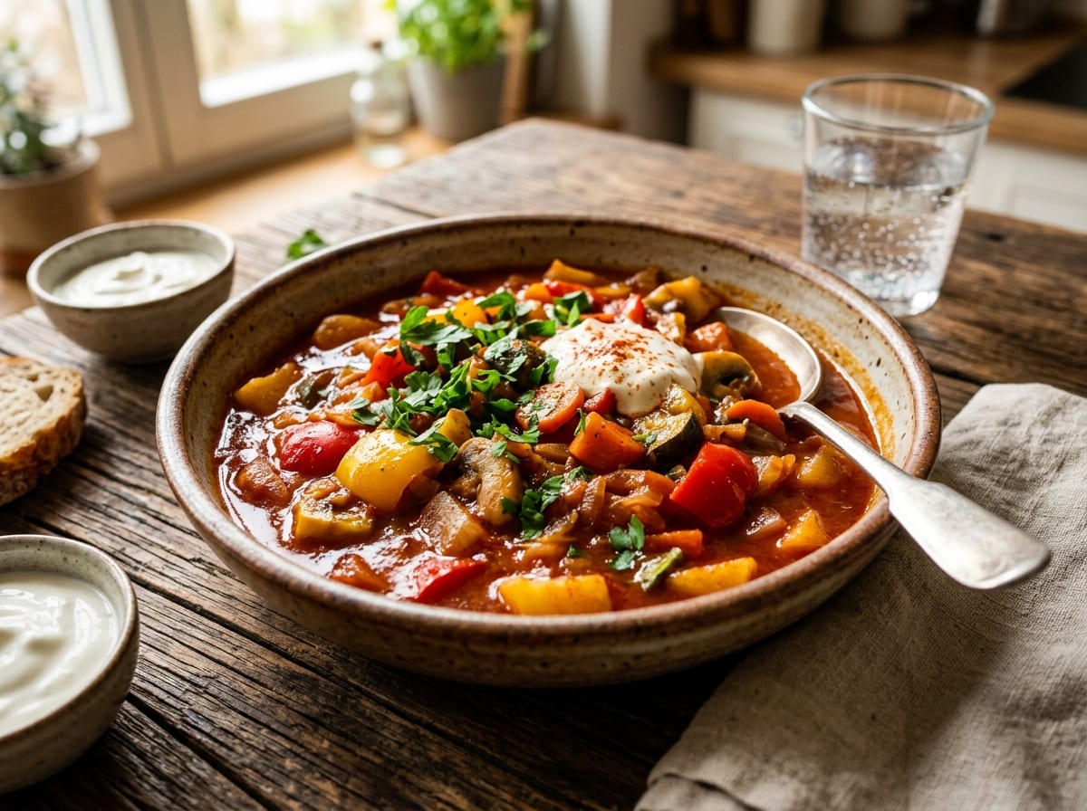 Vegetable goulash in a rustic bowl with a dollop of sour cream