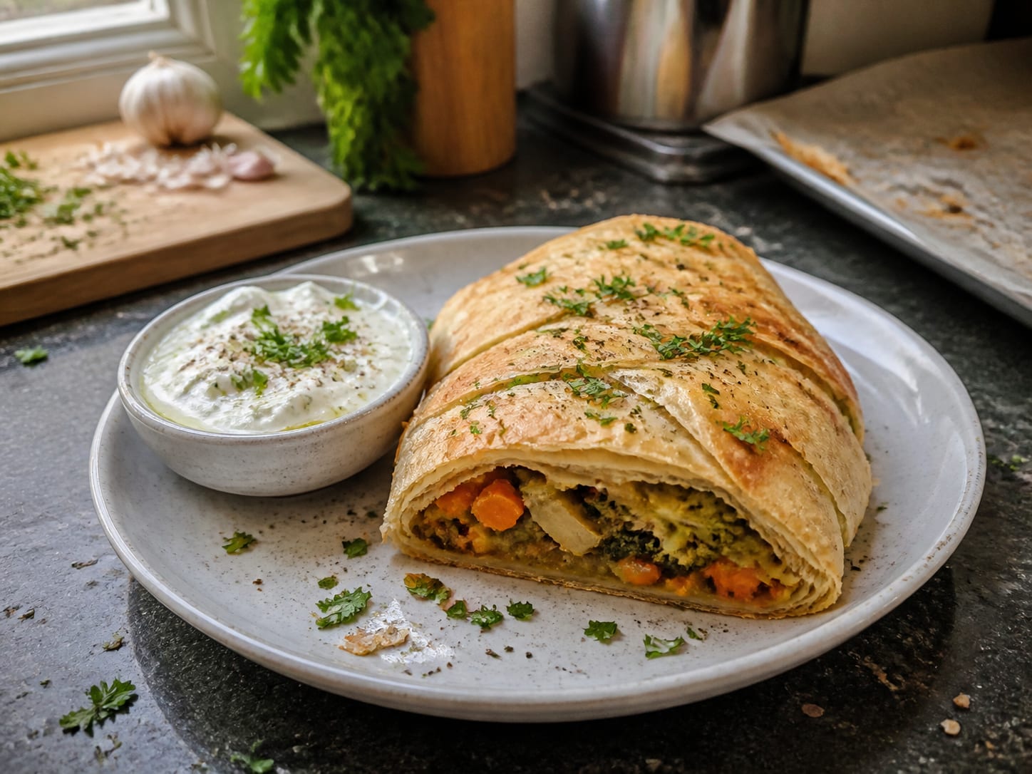 Gemüsestrudel mit Knoblauchsauce, plated for serving