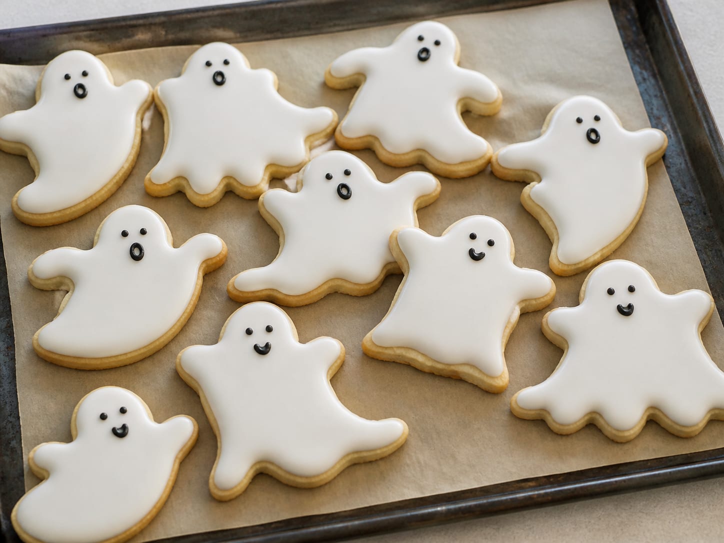 Ghost sugar cookies arranged for serving