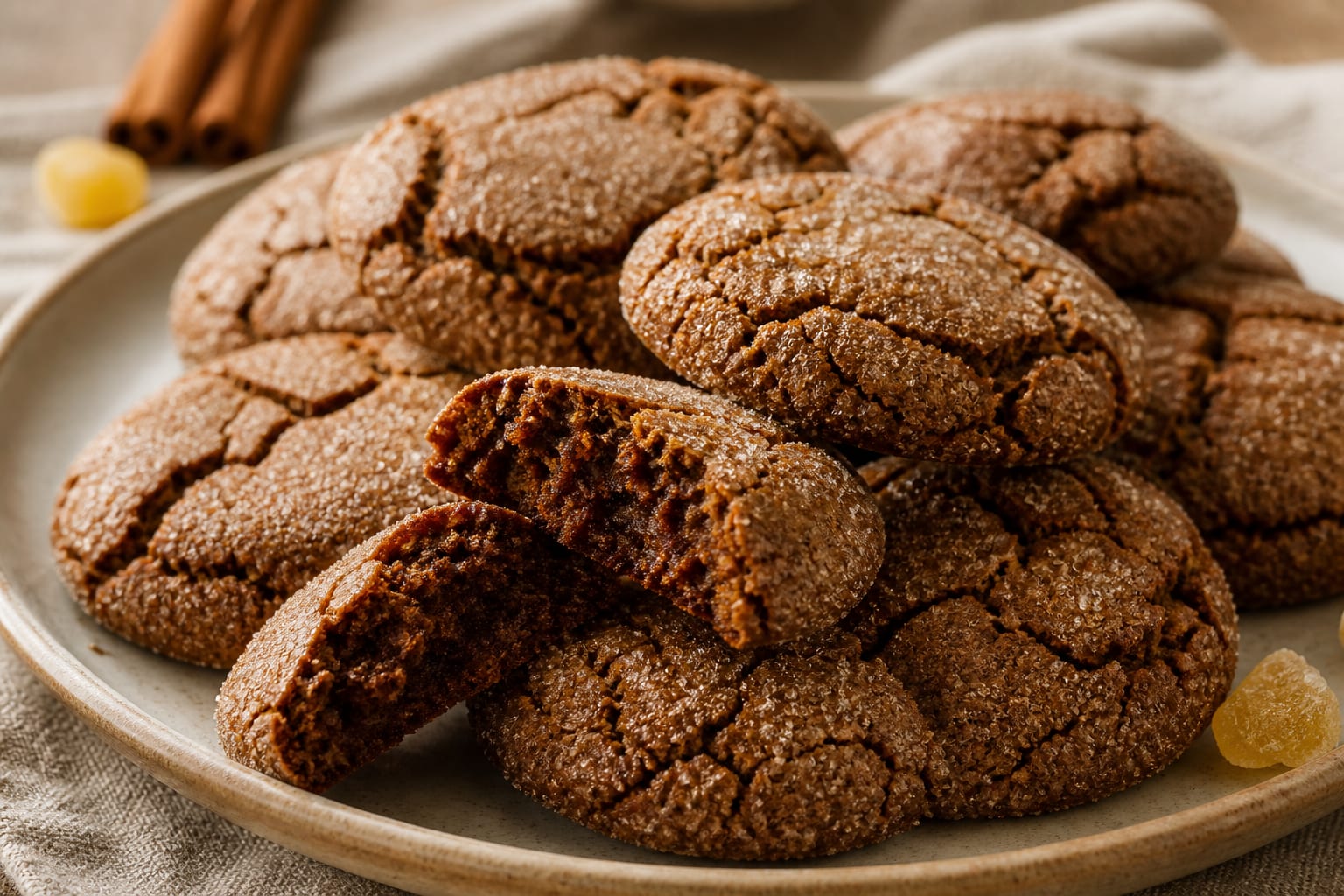 Ingwer-Melasse-Crinkle-Kekse zum Servieren angerichtet