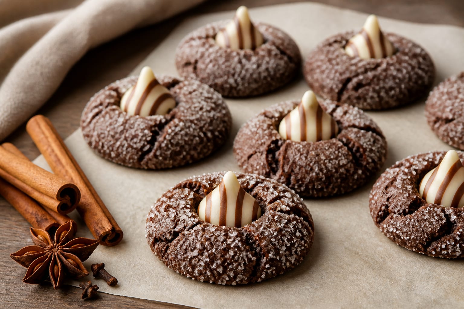 Gingerbread kiss cookies arranged for serving