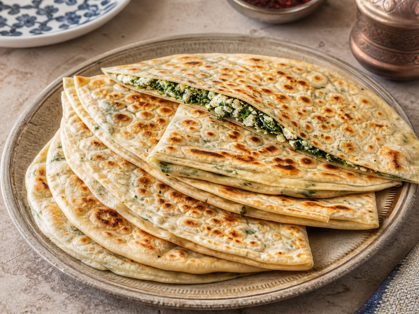 Gözleme with spinach, feta, and herbs served as a natural-light editorial food photograph