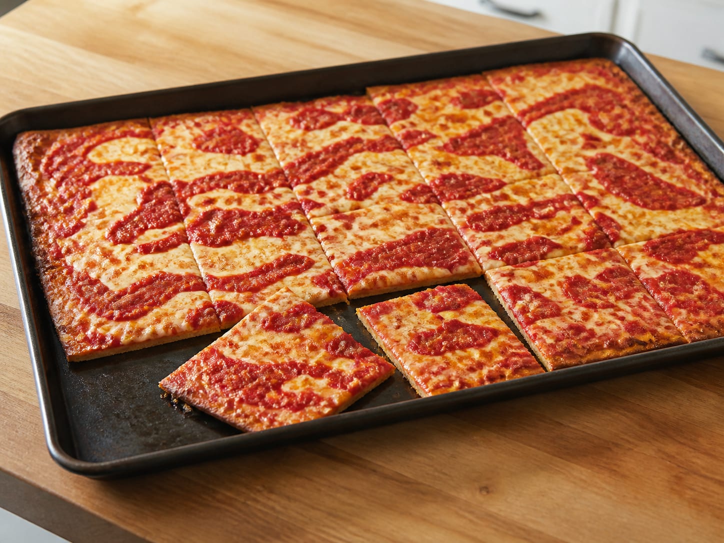 Rectangular Grandma pizza with tomato streaks over browned cheese and a thin crisp base