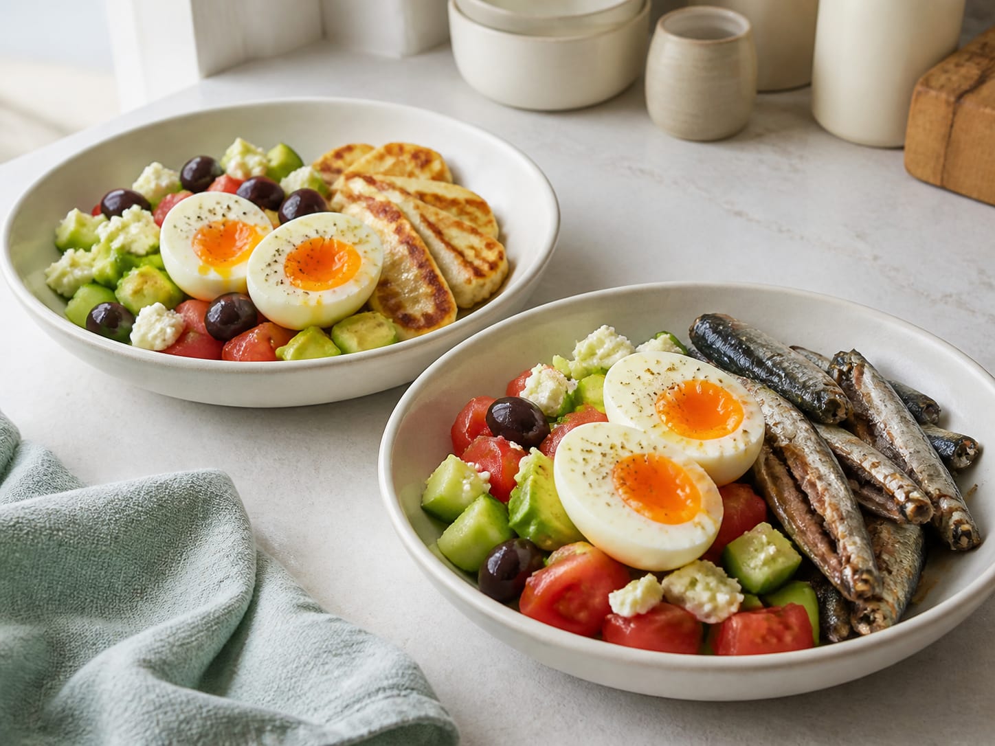 Two cream bowls of chopped cucumber, tomato, avocado, and feta with halved soft-boiled eggs, sardines on one bowl and golden halloumi on the other, in flat daylight