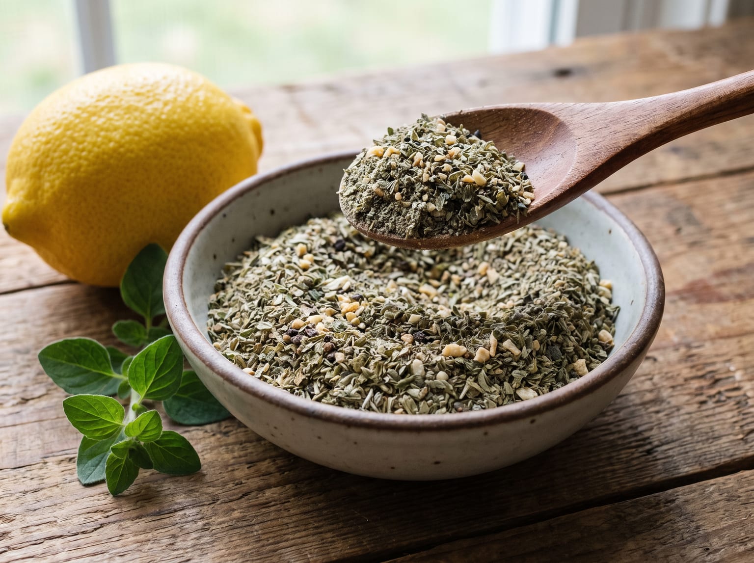 A small bowl of dried Greek seasoning dominated by grey-green oregano with visible dried mint and garlic granules, with a lemon and fresh oregano beside it