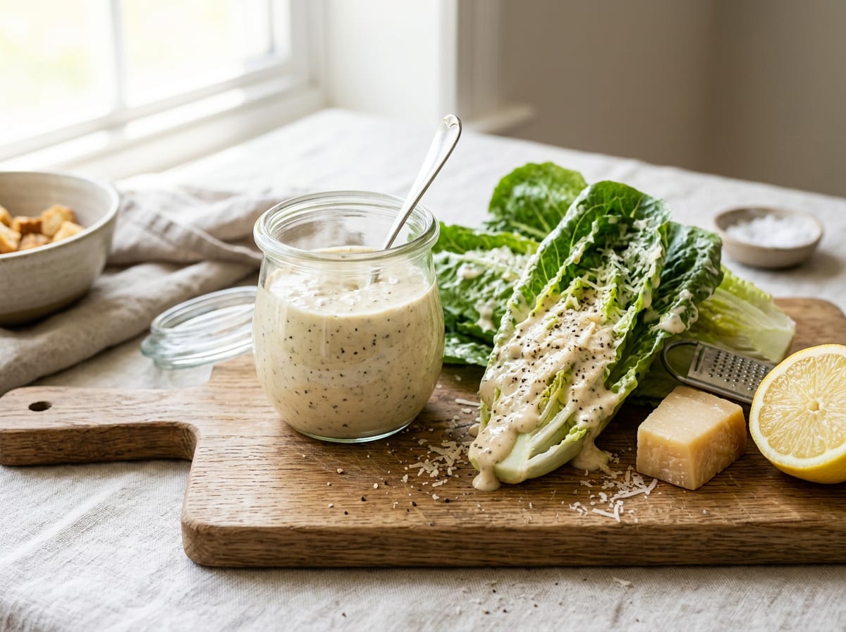 Ein Glas dickes helles Caesar-Dressing neben Romanablättern, die schwer damit überzogen sind, dazu ein Stück Parmesan und eine halbe Zitrone