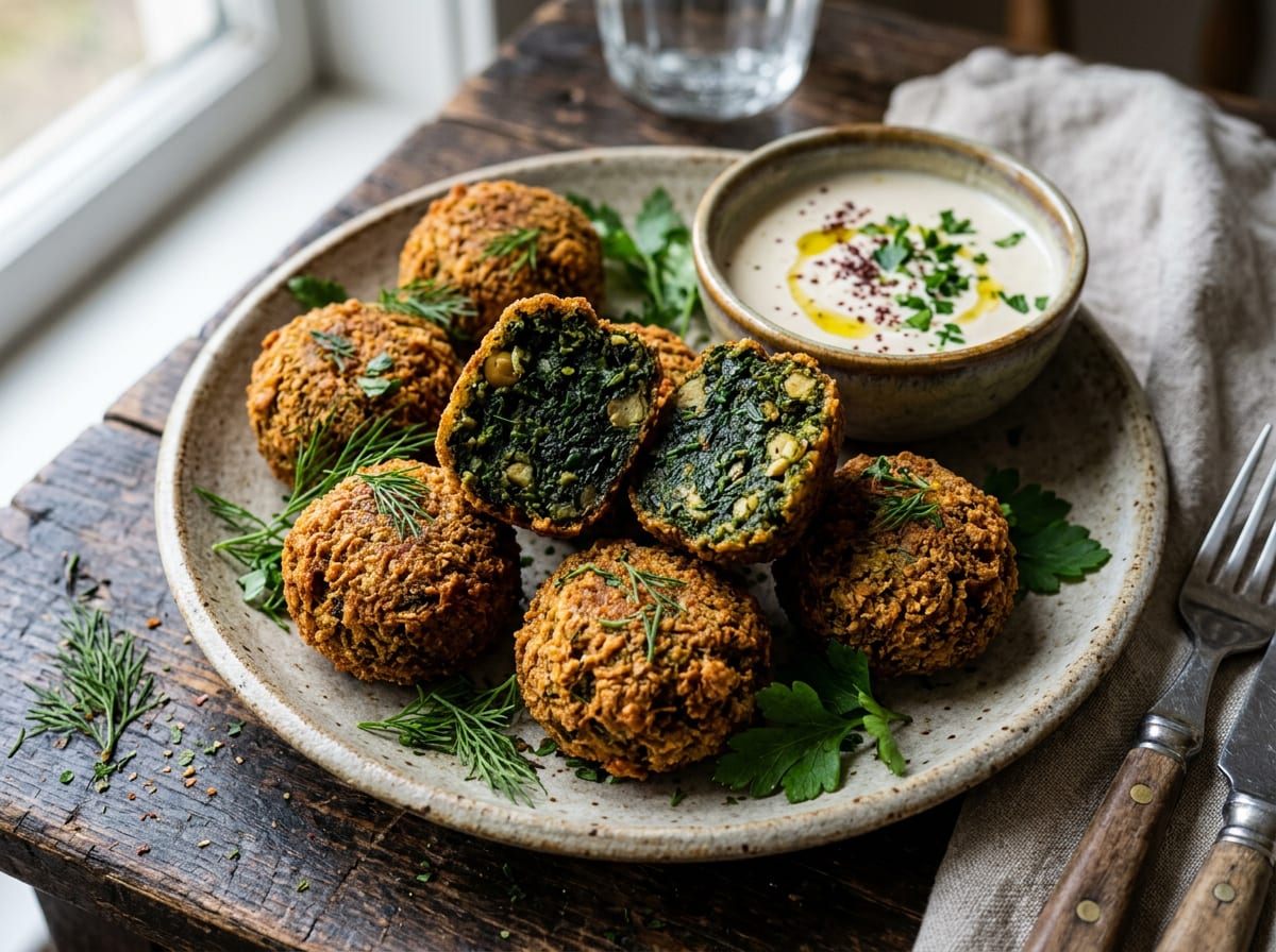 Golden fried falafel balls, one cut open to reveal a deep, almost black-green herb-packed interior, with fresh dill and tahini sauce