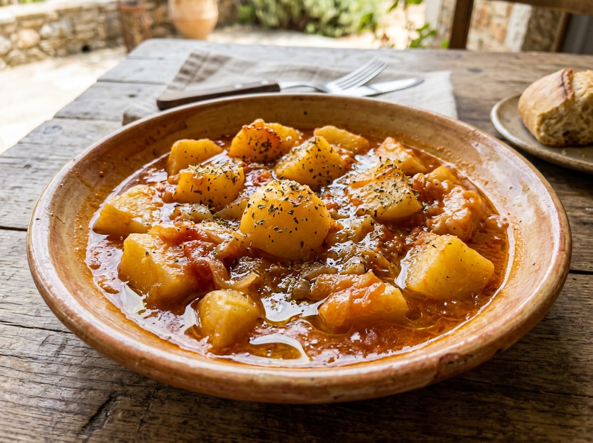 A shallow dish of Greek potato stew, soft potato chunks braised in a glossy orange-red olive oil and tomato sauce with oregano scattered over