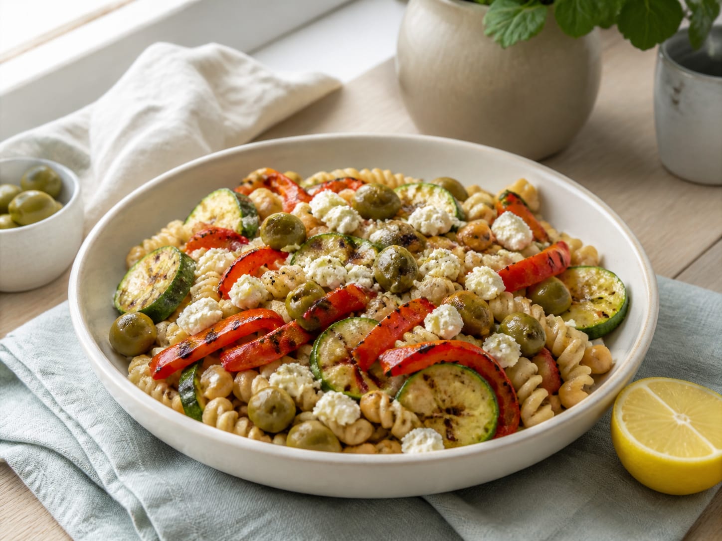 A wide cream bowl of chickpea pasta with charred zucchini and pepper strips, crumbled feta, and green olives, lemon half beside it in natural light