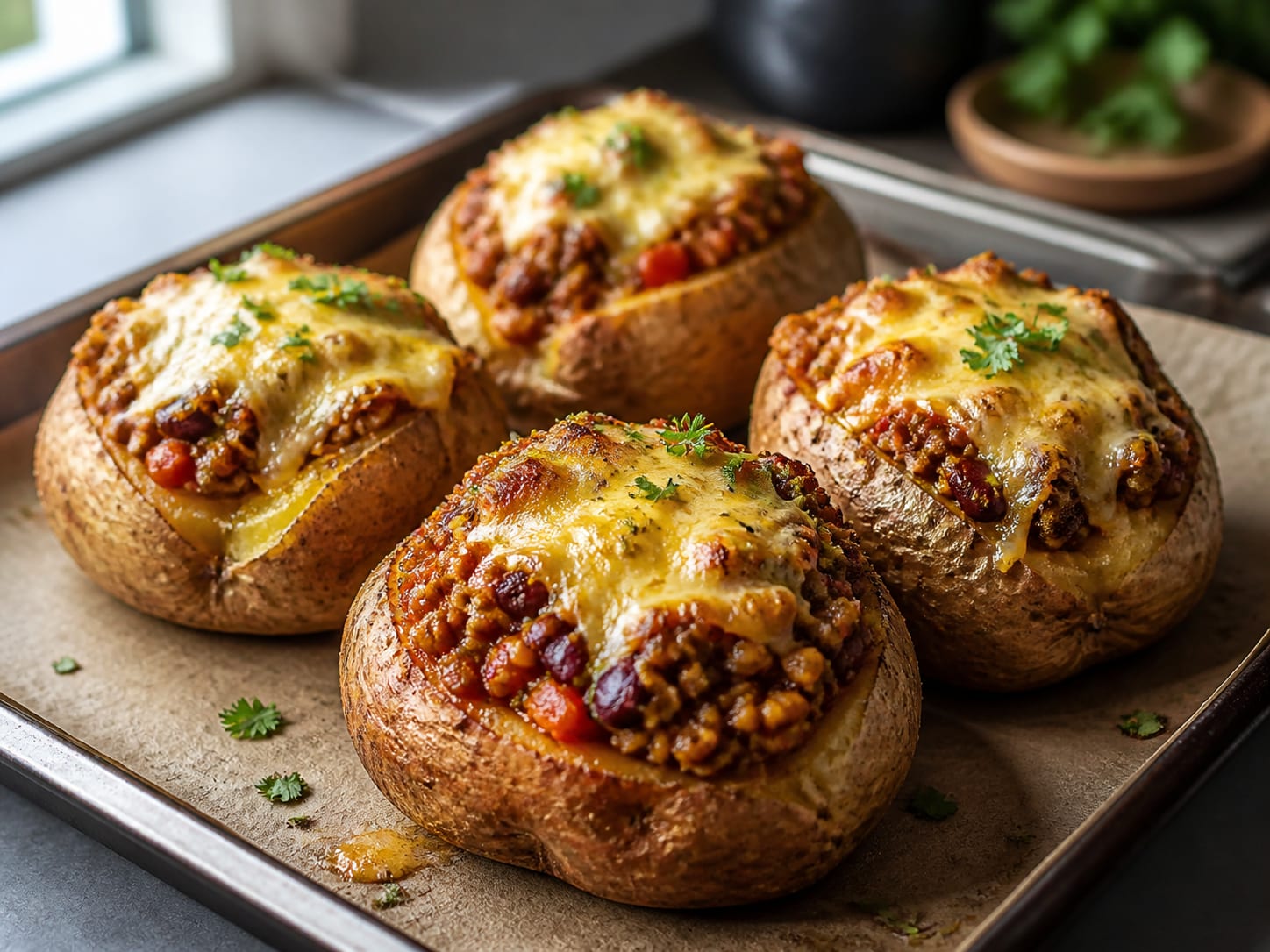 Grünkern-Chili-Cheese-Kartoffeln, plated for serving