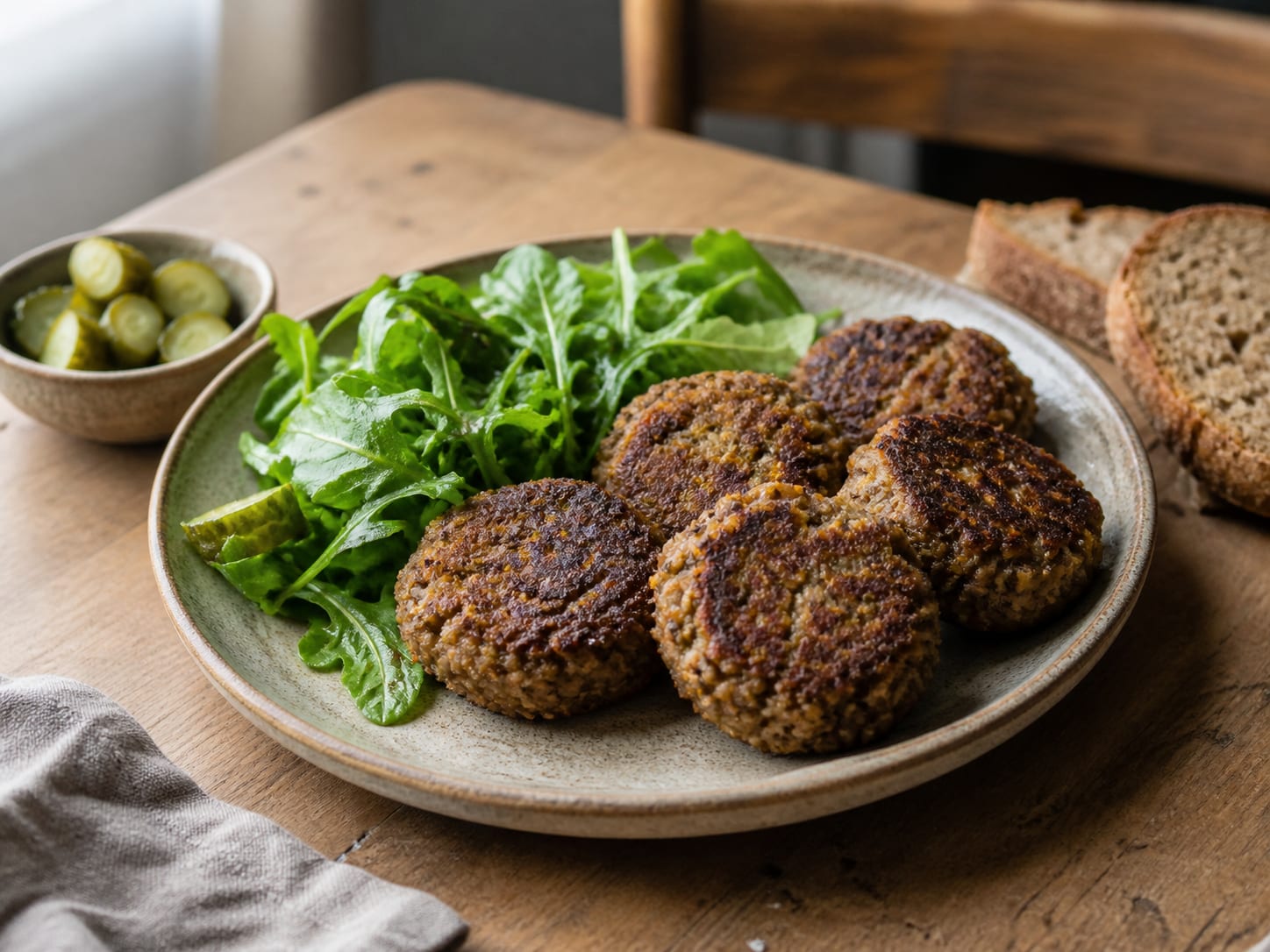 Grünkern-Frikadellen, plated for serving
