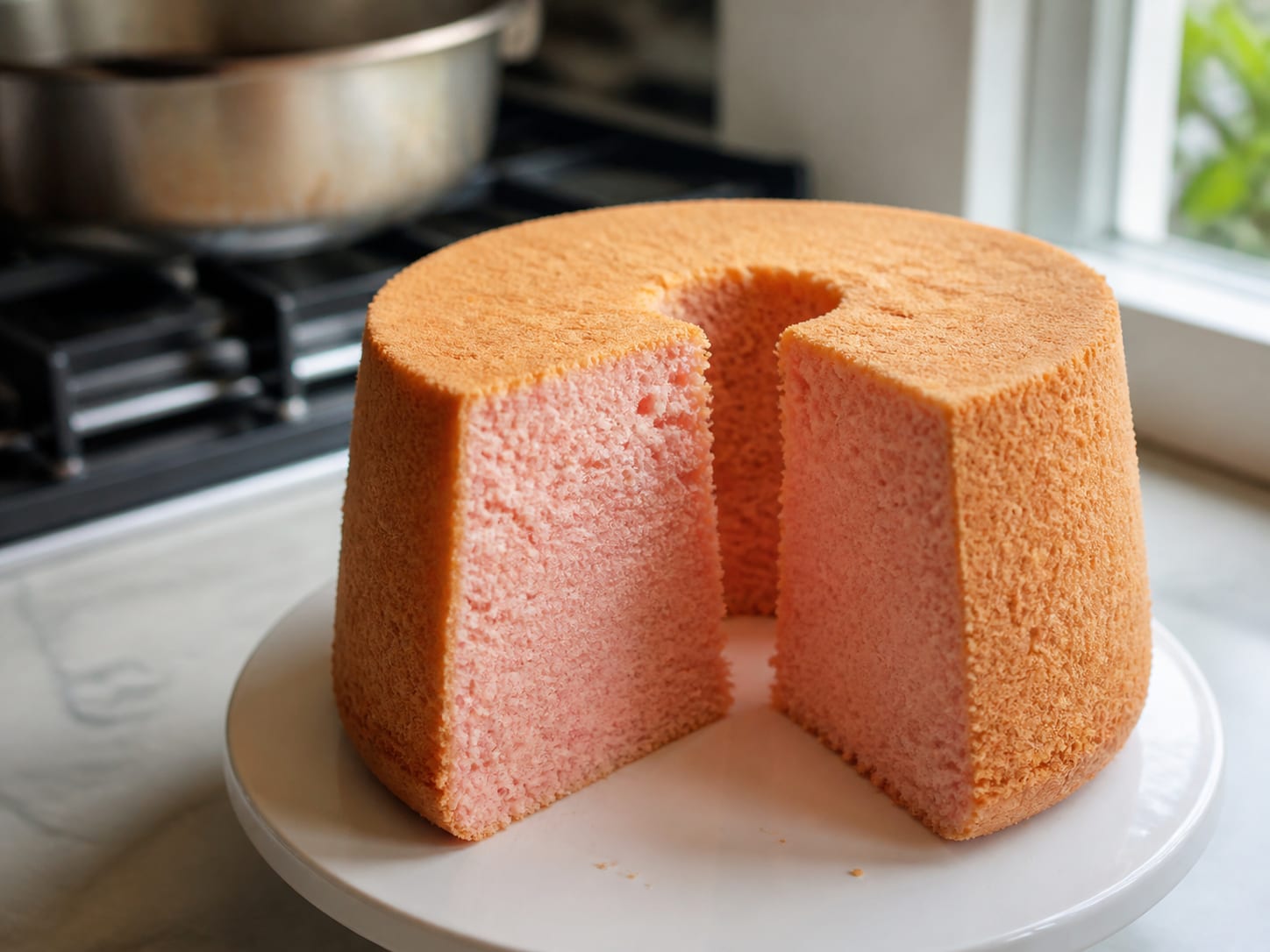 Ein hoher blassrosa Guavenchiffonkuchen, aus einer Rohrform gestürzt, mit Guavenglasur beträufelt und aufgeschnitten, sodass die luftige Krume sichtbar ist