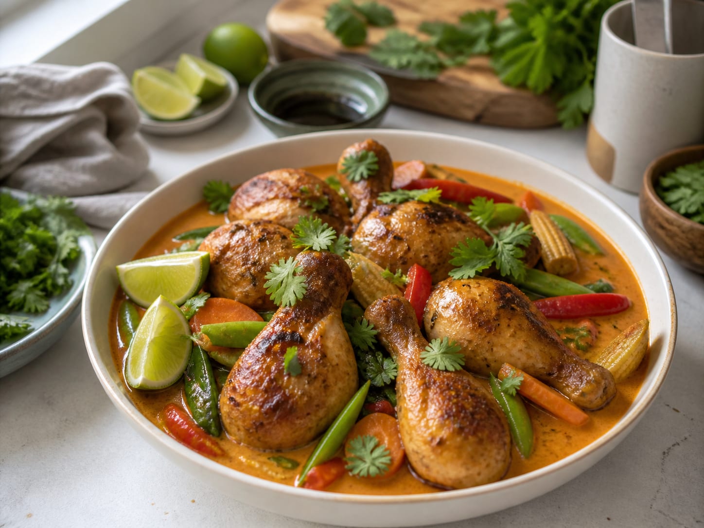 Hähnchenkeulen mit Thai-Gemüse, plated for serving