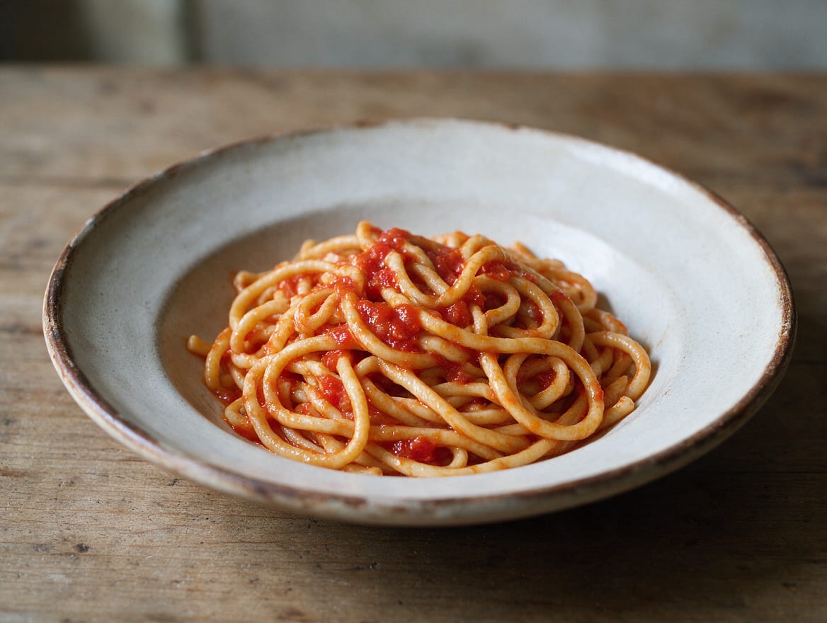 Thick hand-rolled Tuscan pici coated in red aglione tomato sauce on a ceramic plate