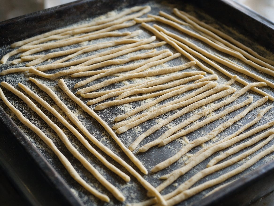 Irregular hand-rolled pici strands about three millimetres thick on a semolina-dusted tray