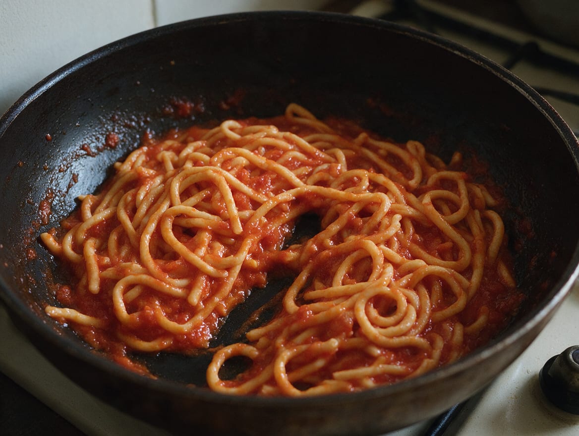Thick pici strands evenly coated with loose red aglione tomato sauce in a skillet