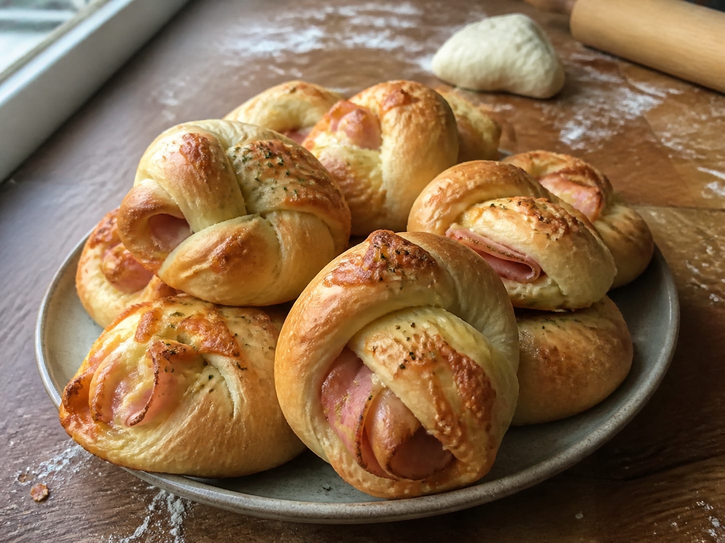 Hefeknoten mit Käse und Schinken, plated for serving