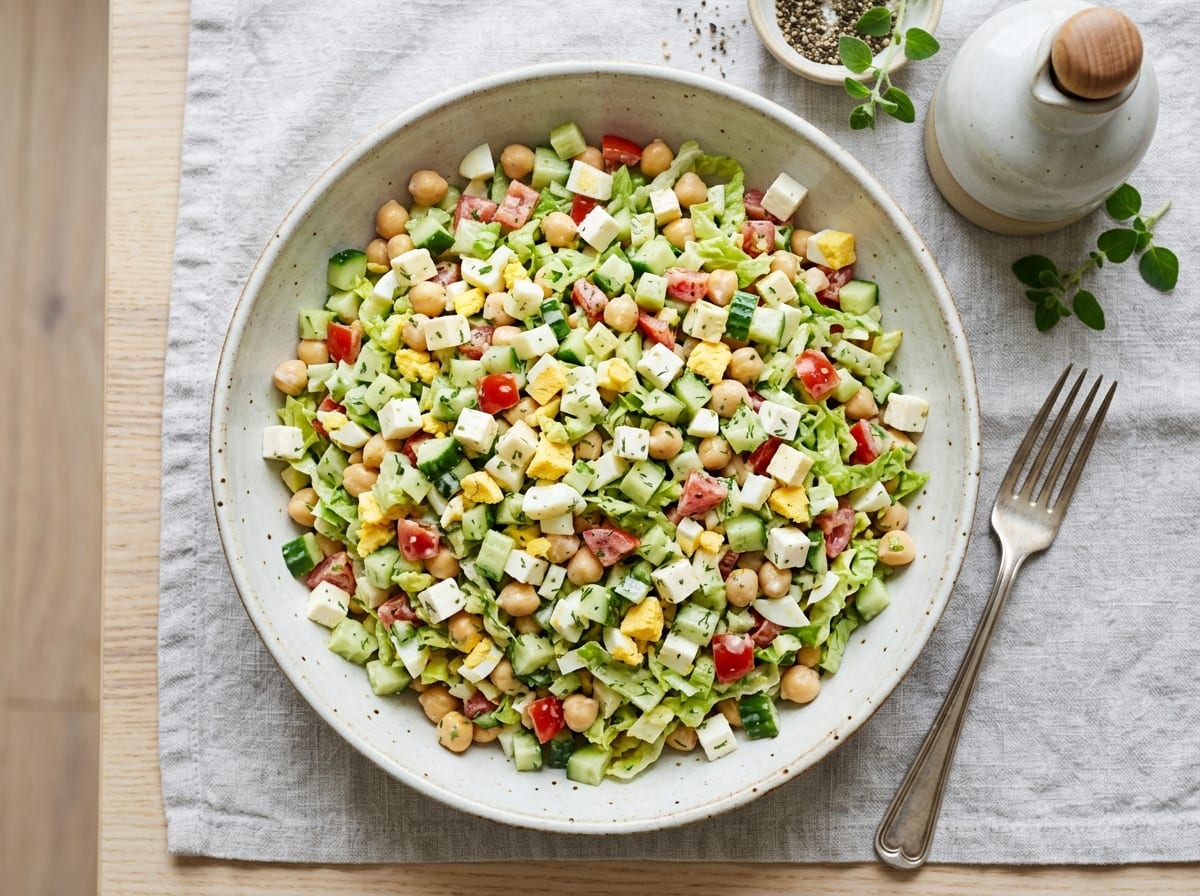 A wide bowl of finely chopped salad with visible chickpeas, egg, white feta cubes, cucumber and tomato in even small dice, dressed in pale creamy dressing