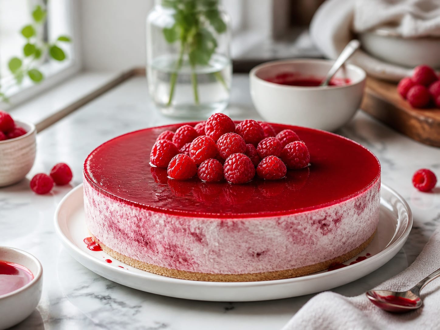 Himbeer-Frischkäse-Torte, zum Servieren angerichtet