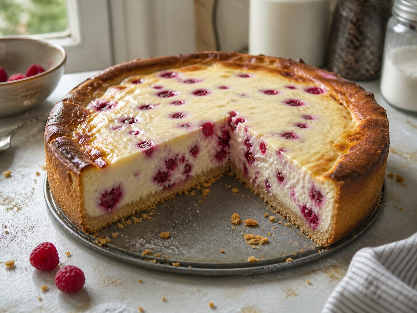 Himbeer-Käsekuchen, plated for serving