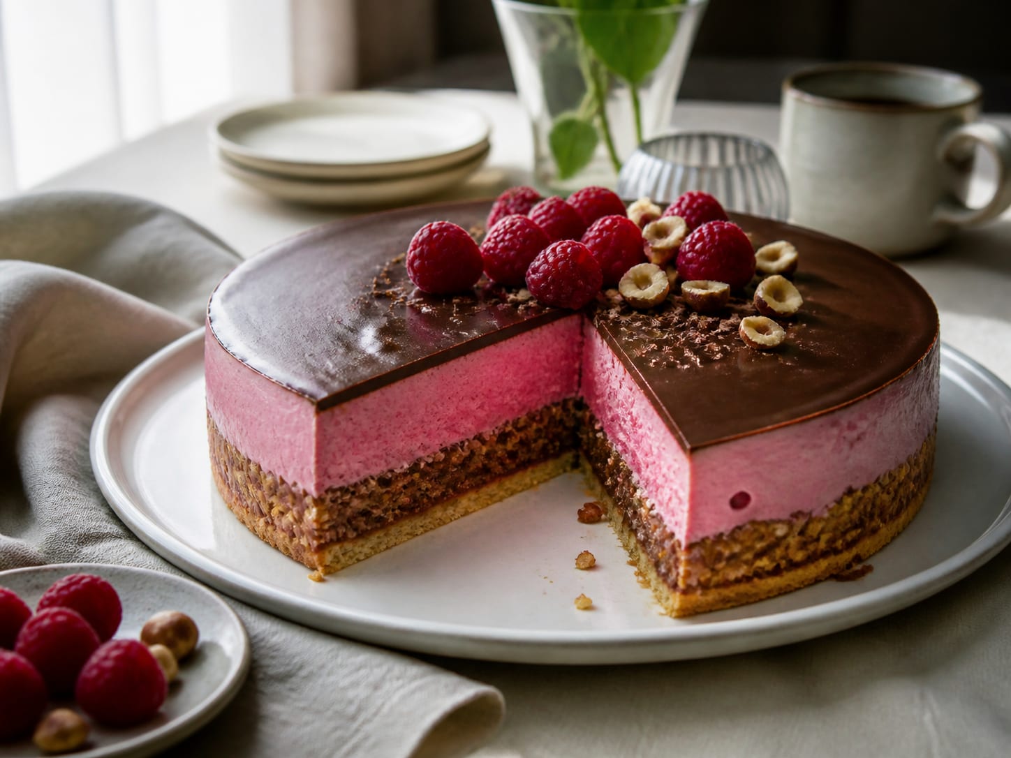 Himbeer-Nougat-Crunch-Torte, plated for serving