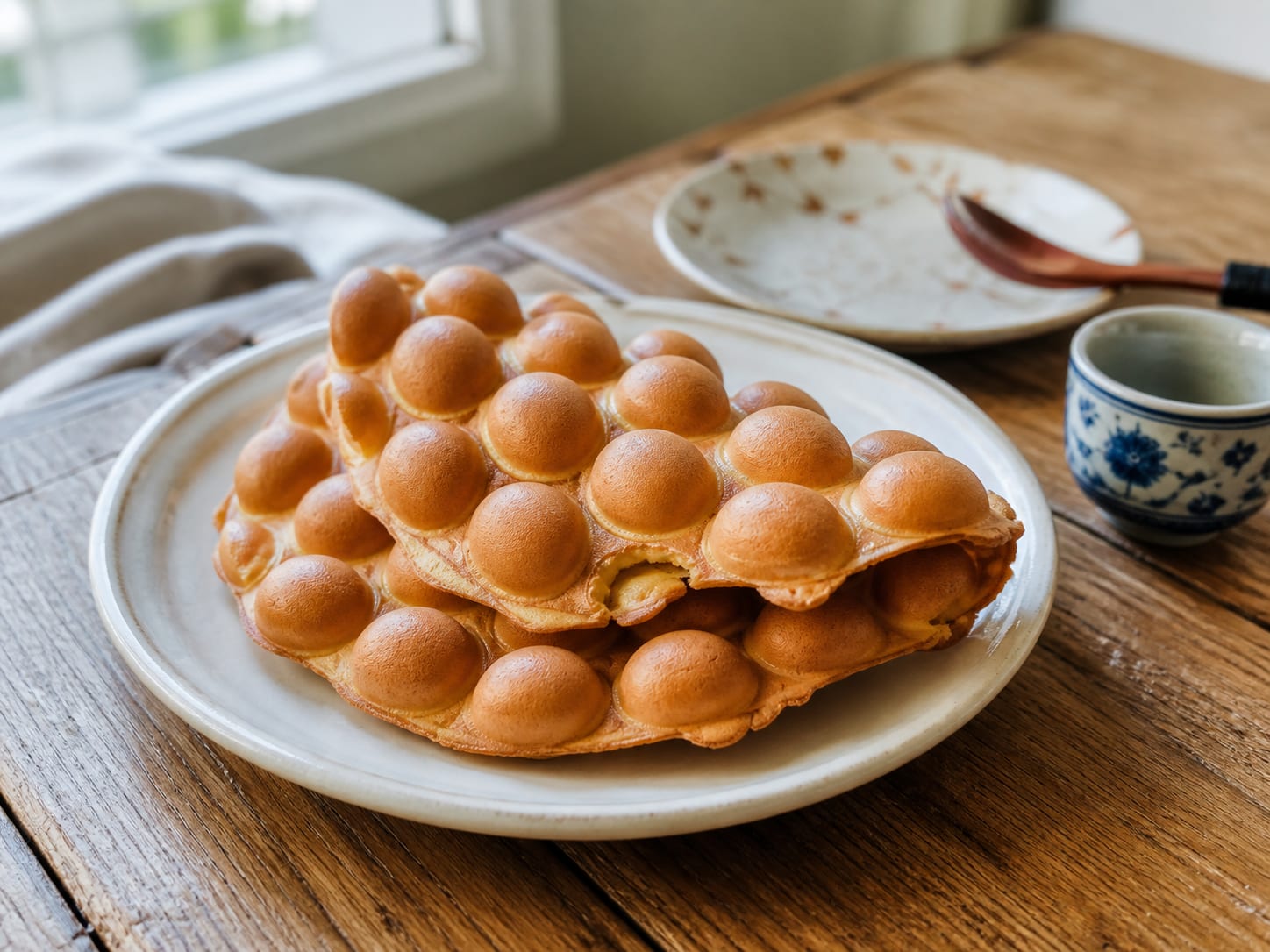 A folded Hong Kong egg waffle showing its honeycomb grid of crisp golden bubbles, held in one hand like a taco