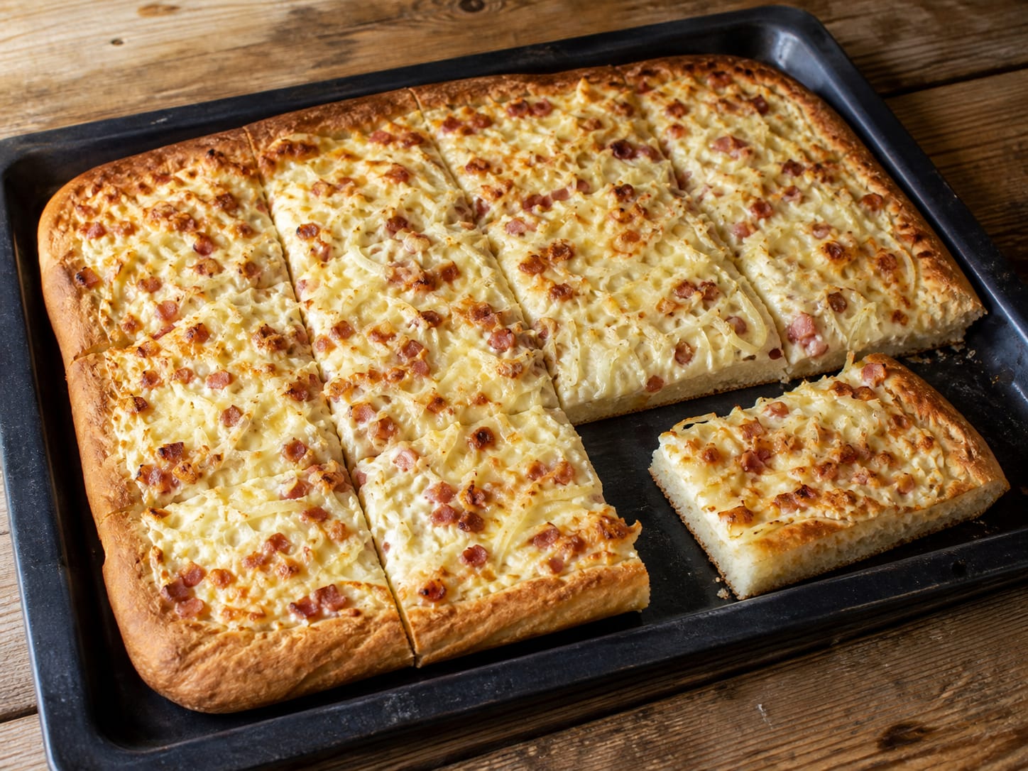 Rectangular Hohenloher Blootz with a golden yeast base, creamy Schmand topping, onion, bacon, and browned regional cheese