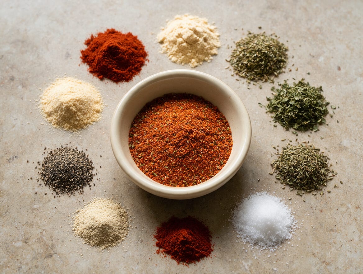 Small open bowl of brick-red-brown blended Creole seasoning with tidy measured piles of its ground spices nearby
