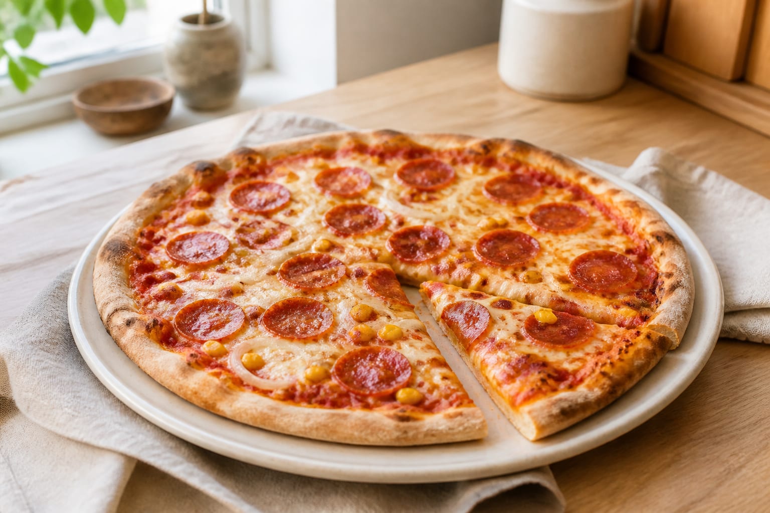 Hausgemachte Mozzarella-Pizza mit Peperoni bei natürlichem Licht
