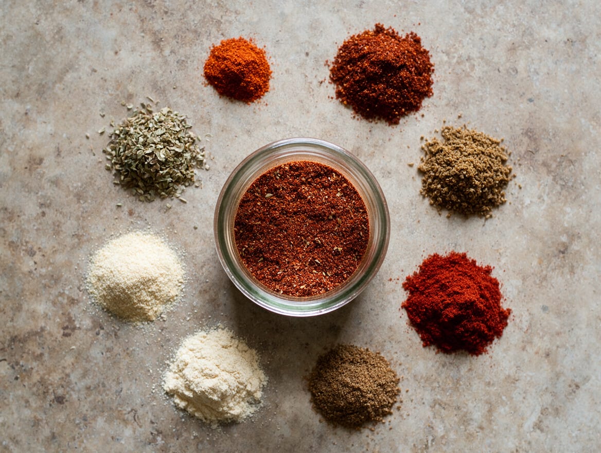 Ein kleines Glas und ein Löffel mit gleichmäßiger ziegelroter Tex-Mex-Gewürzmischung, daneben Kreuzkümmel, Paprika, Oregano und getrocknete Chili