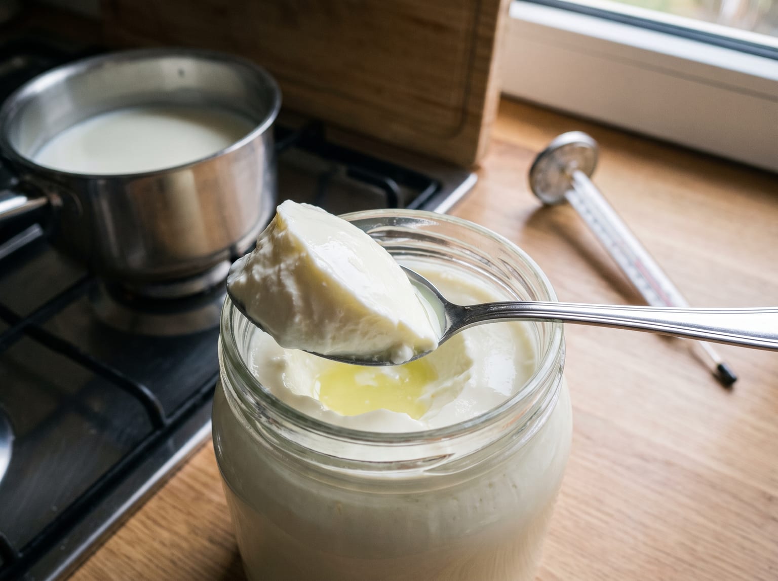 A glass jar of thick set homemade yogurt with a spoon lifting out a scoop, showing a clean break and a little whey, with a thermometer and a pan behind