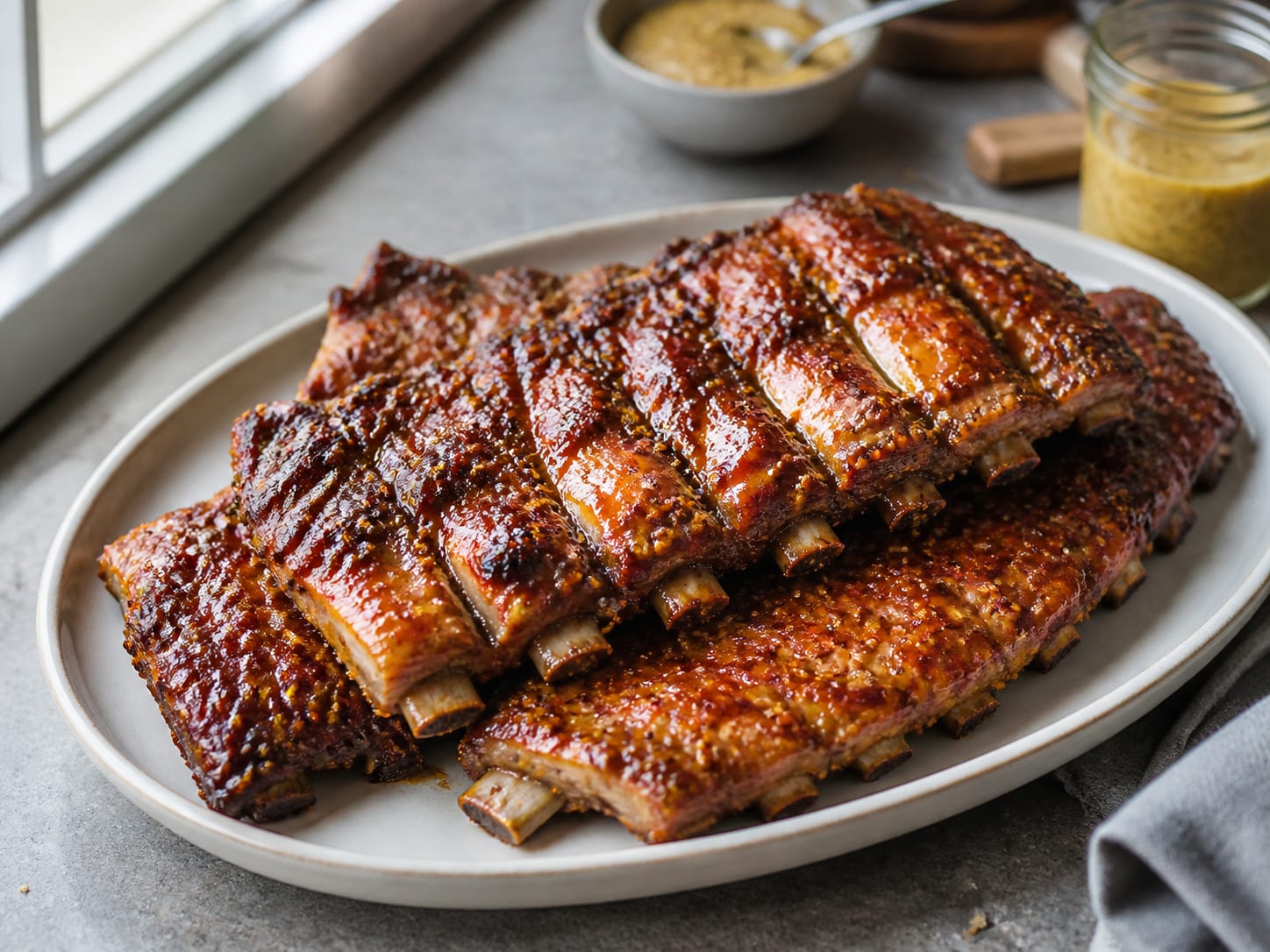 Honig-Senf-Spareribs, plated for serving