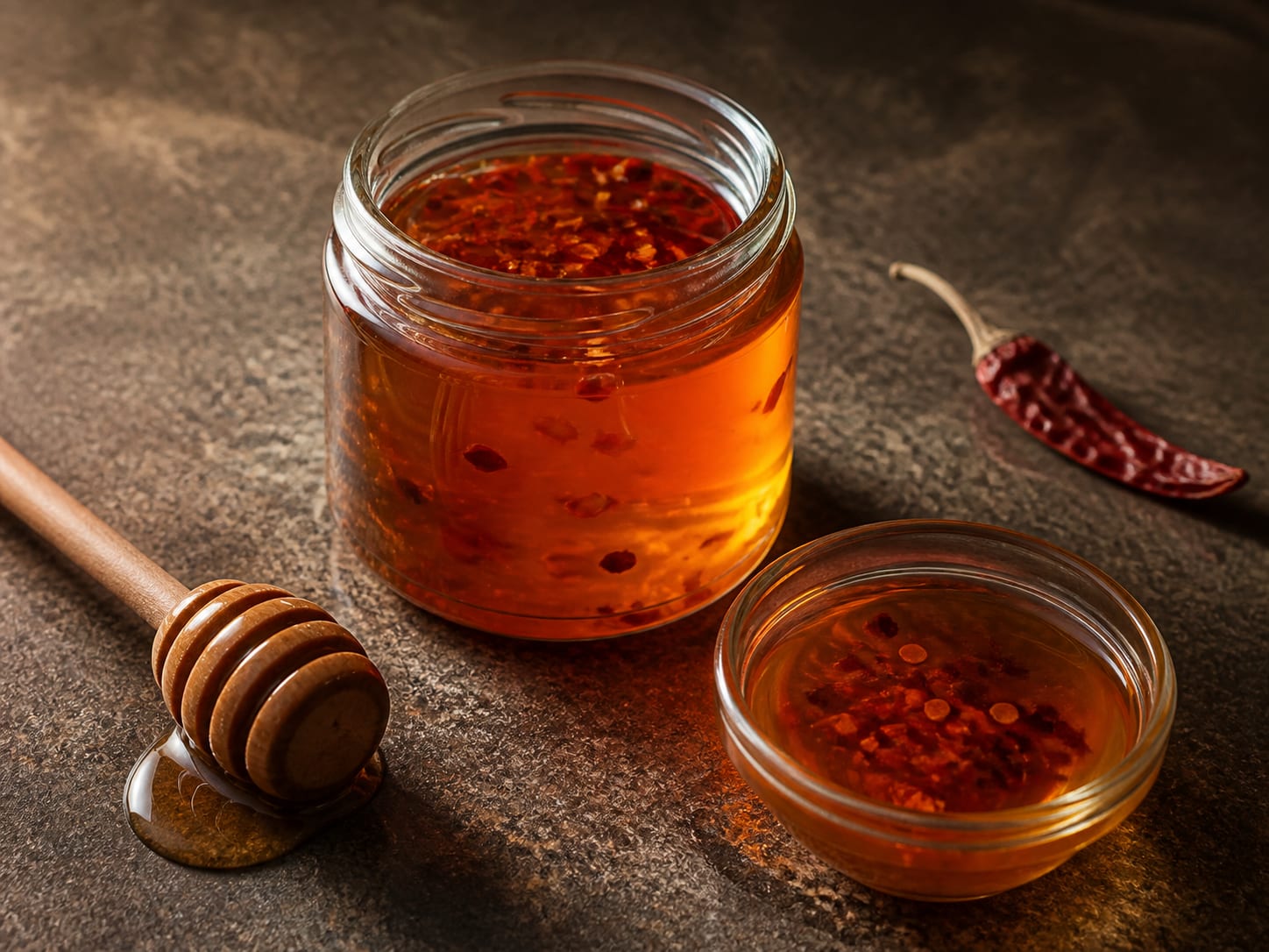 Amber hot honey with visible red chilli flakes dripping slowly from a spoon