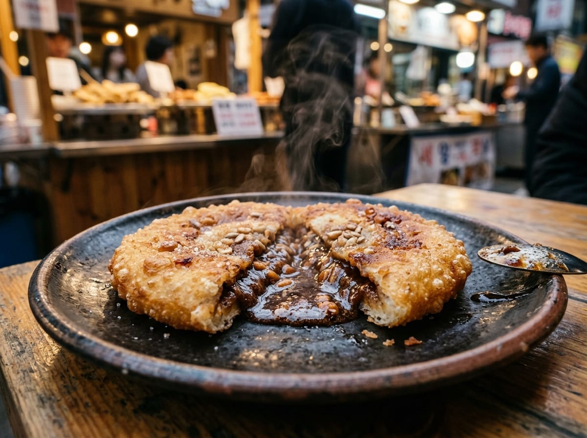 A golden-brown hotteok split open on a plate, its molten brown sugar and nut filling oozing out