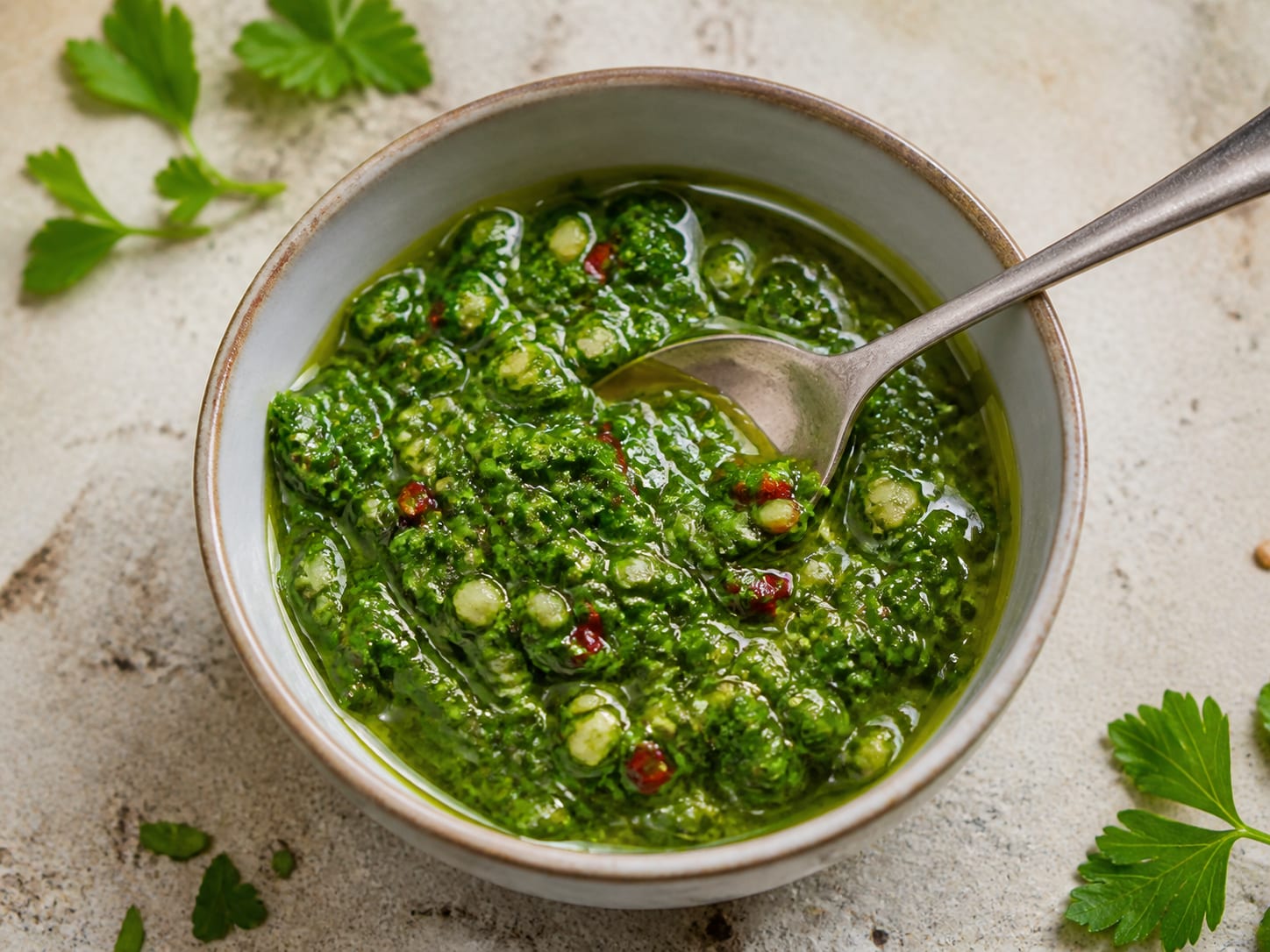 A small bowl of loose green parsley chimichurri with visible garlic and chilli