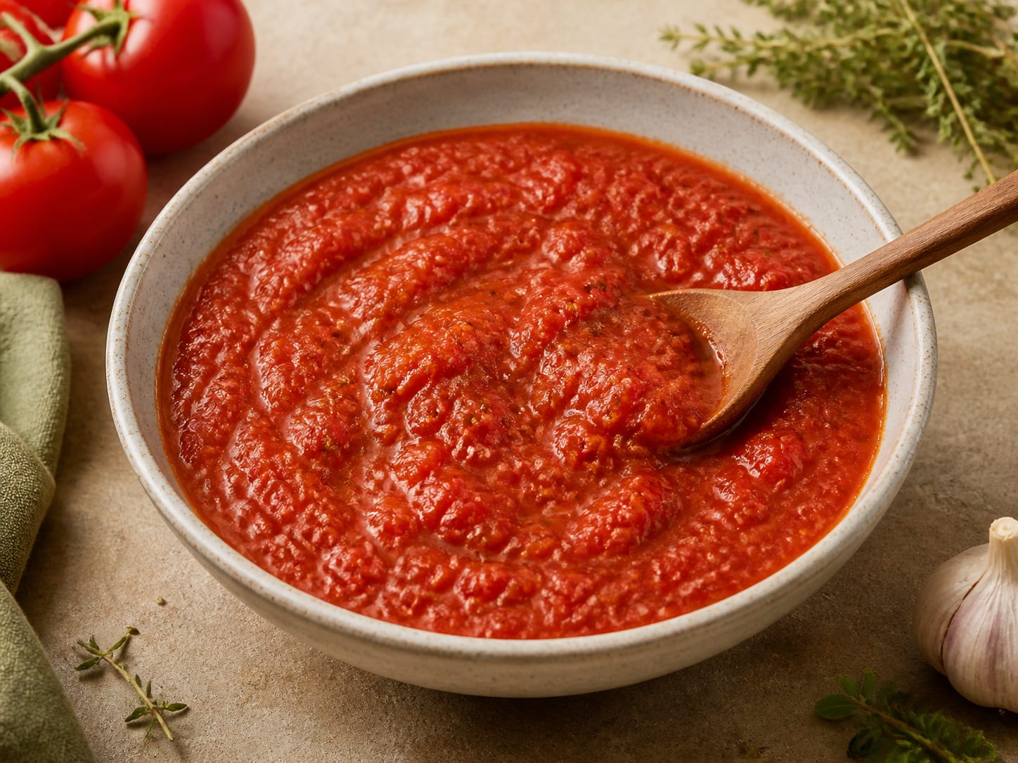 A small bowl of bright red tomato pizza sauce flecked with oregano beside a spoon