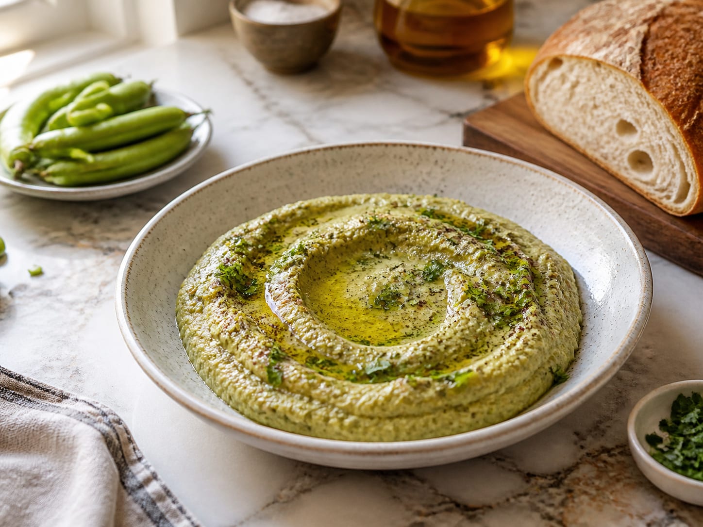 Hummus aus dicken Bohnen, plated for serving