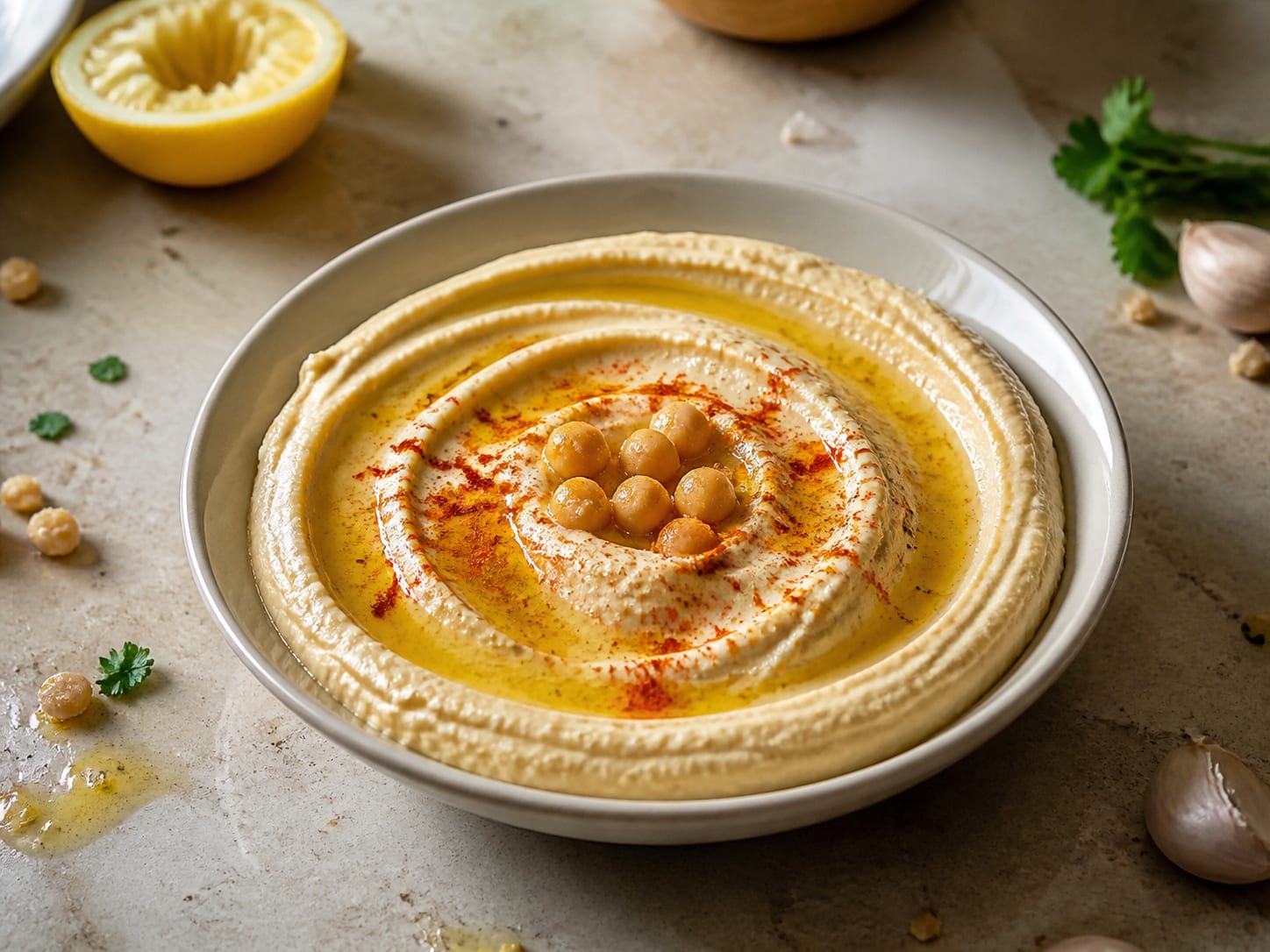 Hummus, plated for serving