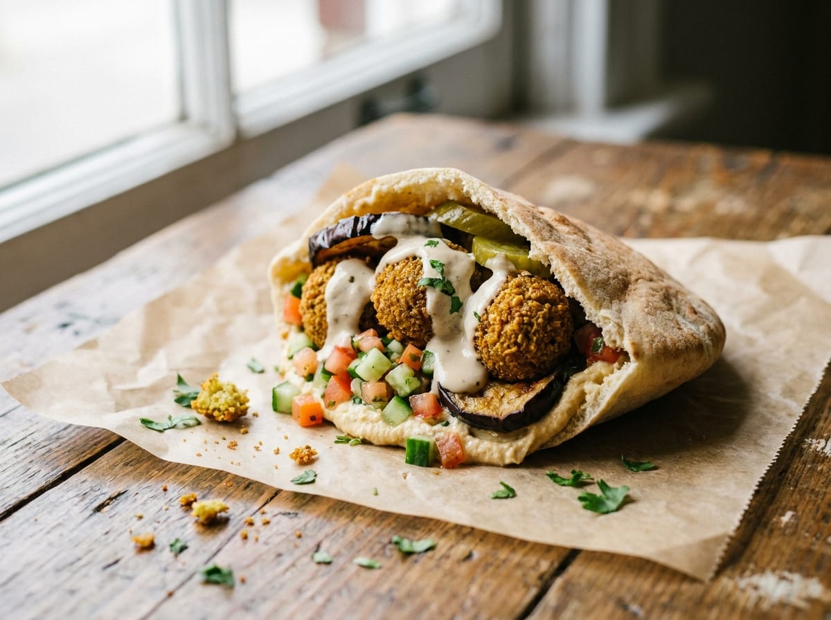 Ein warmes Pita, gefüllt mit Falafel, Hummus, gewürfeltem israelischem Salat, gebratener Aubergine, Essiggurken und Tahini-Sauce
