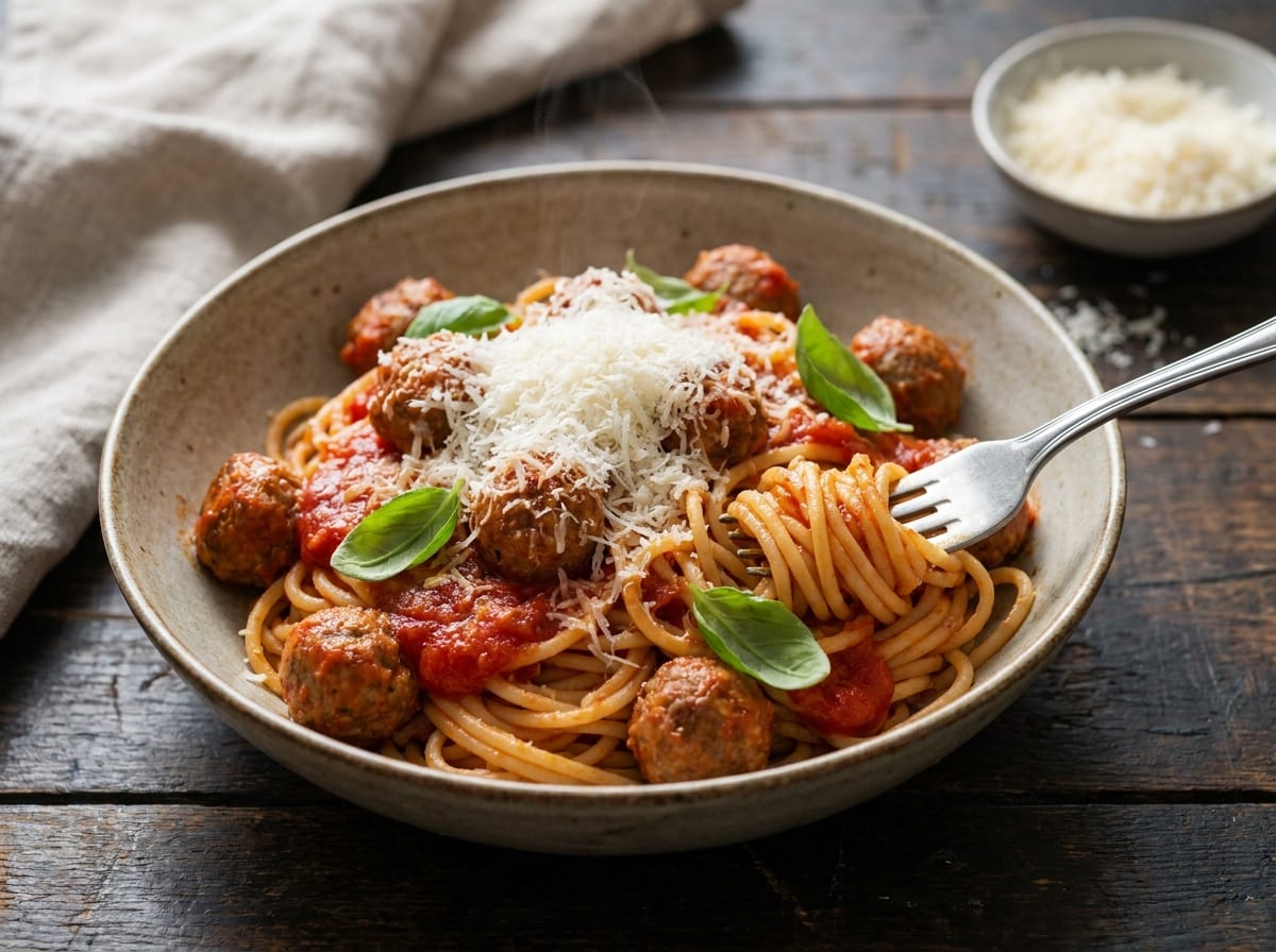 A bowl of spaghetti with small Italian meatballs in tomato sauce, topped with grated parmesan and fresh basil