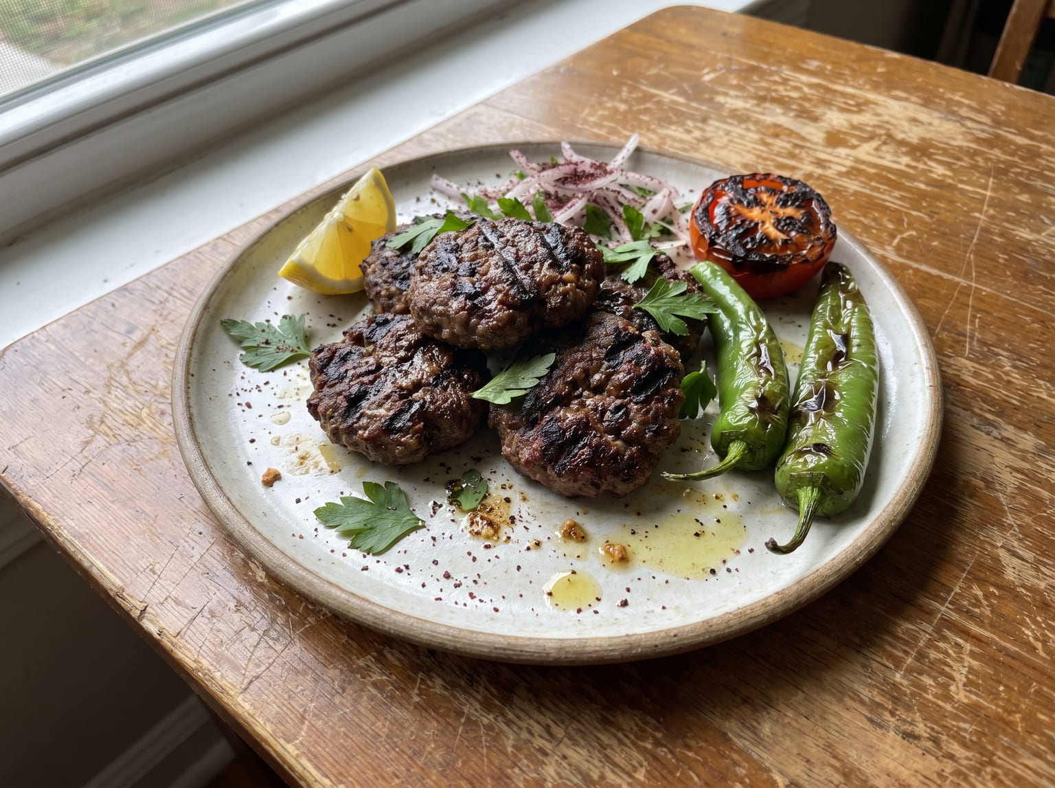 Grilled flat oval beef köfte with dark grill marks on a plate with blistered green peppers, sumac onions, parsley and a lemon wedge