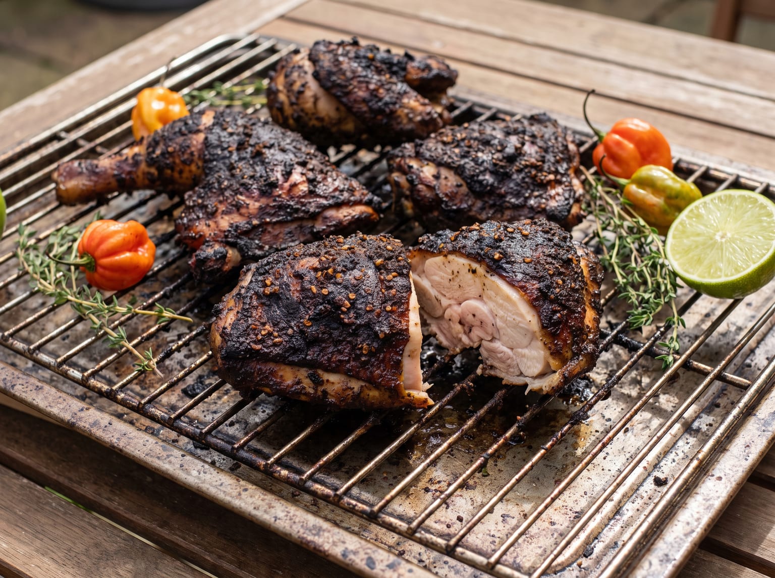 Jerk chicken pieces on a grill rack with very dark almost blackened spice-crusted skin, one thigh cut open showing juicy meat, with scotch bonnets, thyme and lime