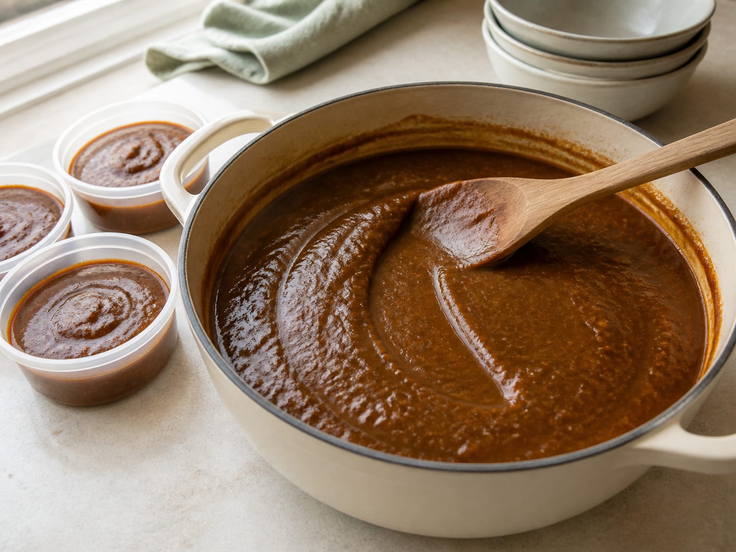 A pot of thick dark brown Japanese curry sauce on a cream surface in natural light, a wooden spatula drawn through it leaving a track that has not yet closed, small containers of the sauce portioned beside it