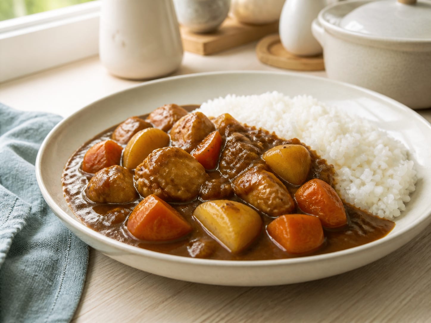 Japanese curry on a cream plate beside a mound of short-grain rice, thick dark brown sauce with chunks of potato, carrot, and chicken, natural light from the side